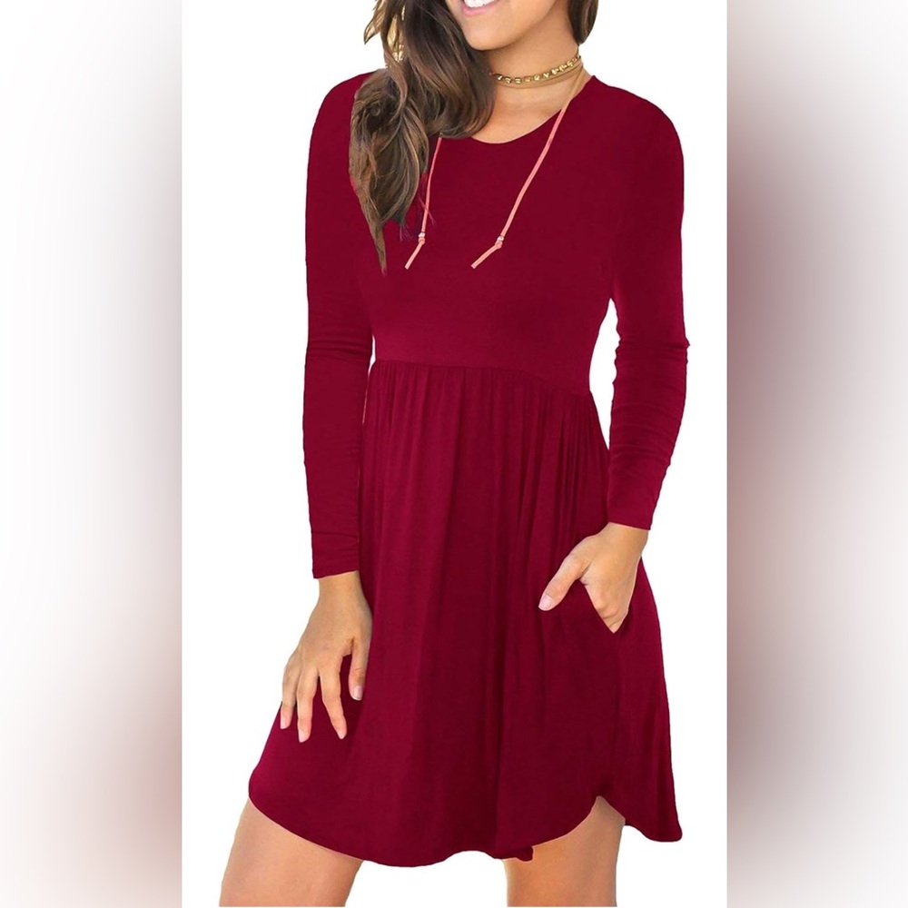 MISSLOOK Women's Burgundy Long Sleeve Pocket Swing Dress L